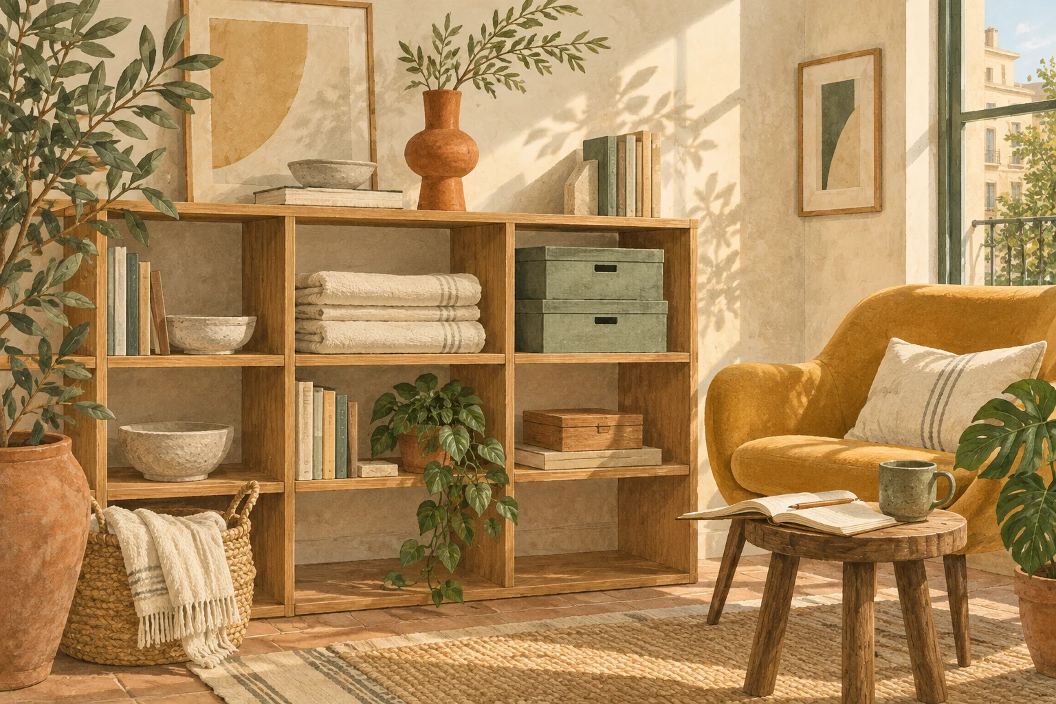 A sunlit reading corner with oak shelves, folded linens and sage storage boxes
